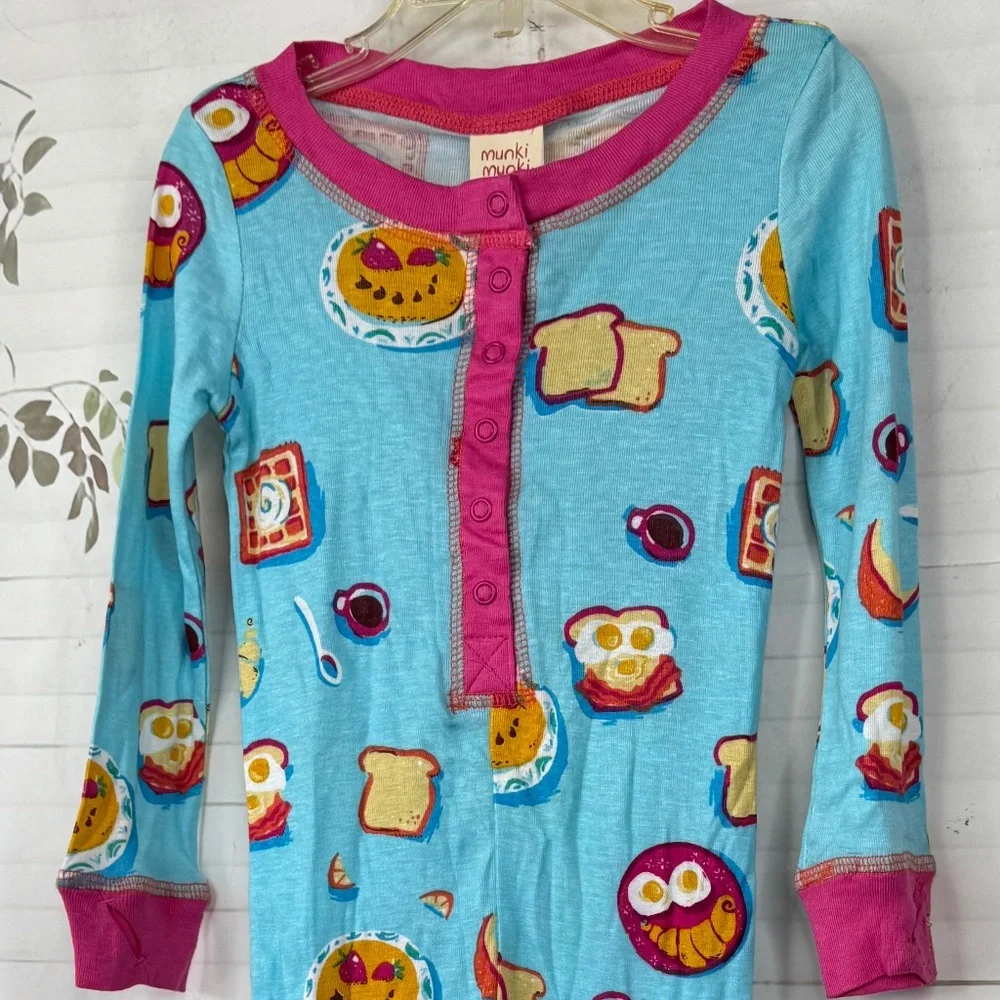 Munki Munki Perfect Pajamas Toddlers Blue Pink Food Pizza One Piece LS 2T